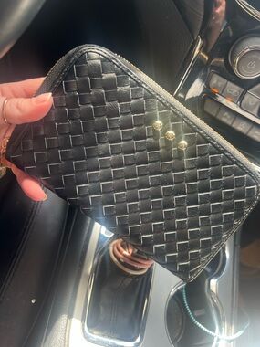 Black Woven Zip-Around Wallet with Gold Stud Accents